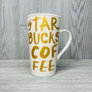 Starbucks Ceramic Graffiti Mug 2015 White w/Gold Lettering 16 oz coffee cup